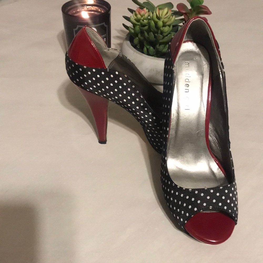 Madden girl- black w white polka dots, red heels